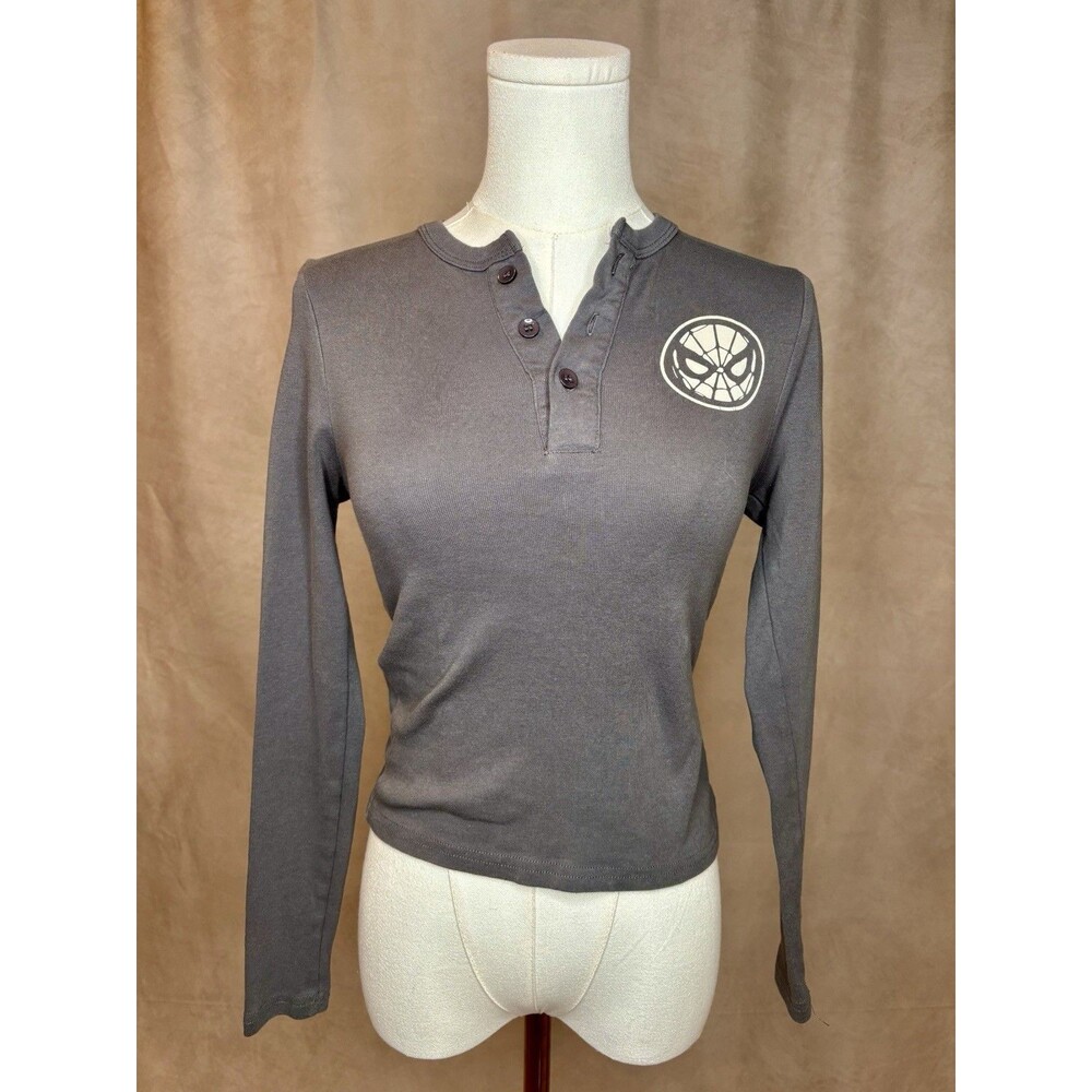 Marvel Spider-Man Henley Graphic Long Sleeve Gray Shirt XS Cotton